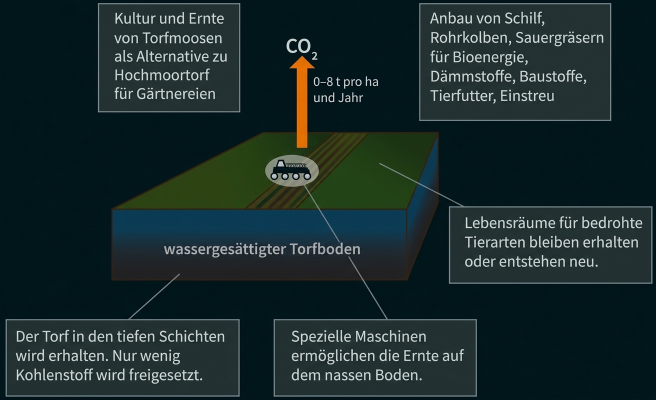 Schematische Darstellung: wassergesättigter Torfboden, Ernte mit Spezialmaschine, CO2-Emission, Nutzung von Schilf.